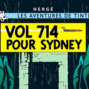 May include: A yellow and black comic book cover with the text "VOL 714 POUR SYDNEY" and a small red and white airplane flying above the text. The cover is set against a dark green background.