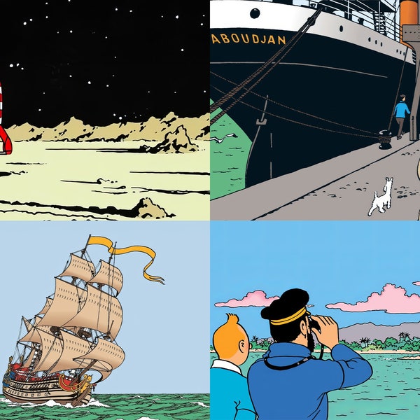 Tintin, 4 Paysages, Téléchargements Numériques 4k Haute Qualité - pour Impression - Art Mural / Poster / Affiche de Bande Dessinée / Kuifje