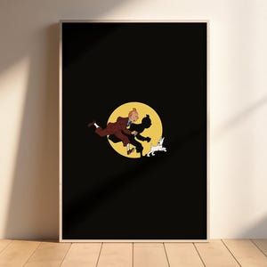 Iconic Tintin Poster - A2, 24"x36", A3, A4 High Quality Digital Download, Tintin and Snowy run on a black and yellow background