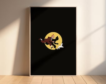 Iconic Tintin Poster - A2, 24&quot;x36&quot;, A3, A4 High Quality Digital Download, Tintin and Snowy run on a black and yellow background