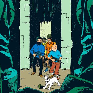 May include: A group of four people, including a dog, are walking through a narrow passageway with stone walls. The people are carrying guns and are looking alert. The dog is a white terrier with black spots.