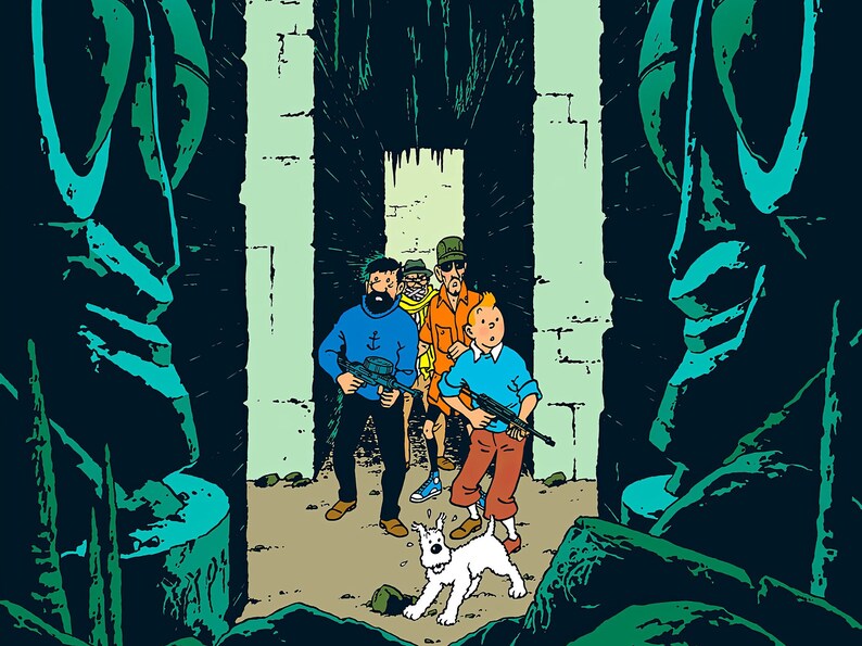 May include: A group of four people, including a dog, are walking through a narrow passageway with stone walls. The people are carrying guns and are looking alert. The dog is a white terrier with black spots.