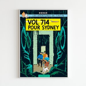 May include: A vintage comic book cover featuring Tintin and his friends in a jungle setting. The cover is yellow with the title "VOL 714 POUR SYDNEY" in black text. The comic book is titled "Les Aventures de Tintin" by Herg&eacute;.