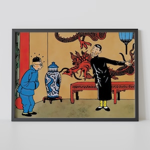 May include: A black framed illustration of two men in a room with a red dragon on the wall. One man is wearing a blue robe and the other is wearing a black robe. There is a blue and white vase on a table in the room.