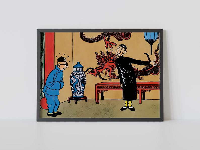 May include: A black framed illustration of two men in a room with a red dragon on the wall. One man is wearing a blue robe and the other is wearing a black robe. There is a blue and white vase on a table in the room.