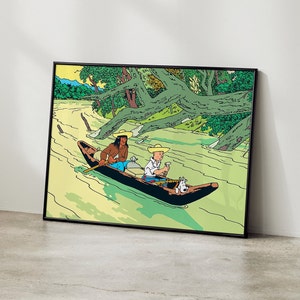 Puede incluir: Una ilustración en blanco y negro de dos personas en una canoa en un río. Las personas llevan sombreros y la canoa es remada por una persona en la parte trasera. El río está rodeado de árboles verdes.