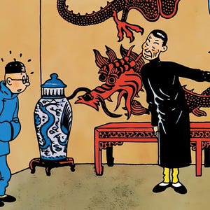 May include: A man in a black robe gestures towards a blue and white porcelain vase with a dragon design. The vase is on a wooden stand. A red dragon is painted on the wall behind the man.