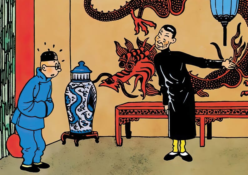 May include: A man in a black robe gestures towards a blue and white porcelain vase with a dragon design. The vase is on a wooden stand. A red dragon is painted on the wall behind the man.