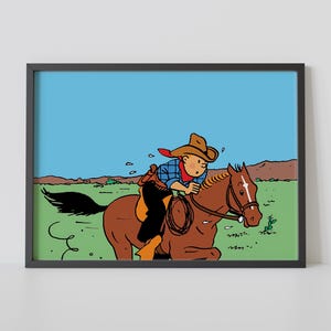 May include: A cartoon illustration of a cowboy riding a brown horse. The cowboy is wearing a red bandana, a blue shirt, and a brown cowboy hat. The horse is running to the right.