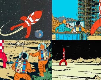 Tintin on the Moon, Bundle 4 digital downloads, Wall Art, Decoration, Posters, Illustration