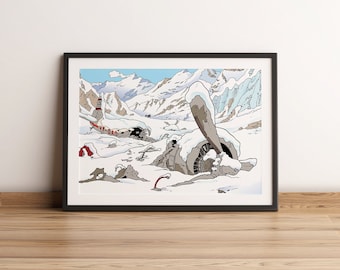Tintin in Tibet, the plane wreck in the snow. Comic Poster. Wall art and decoration.