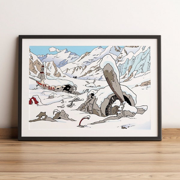 Tintin au tibet, l'épave d'avion dans la neige. Poster de Bande dessinée. Art Mural et décoration.
