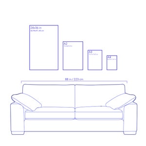 May include: A diagram showing the different sizes of paper, including 24x36 inches, A2, A3, and A4. The diagram also shows a couch with two pillows, measuring 88 inches in length.