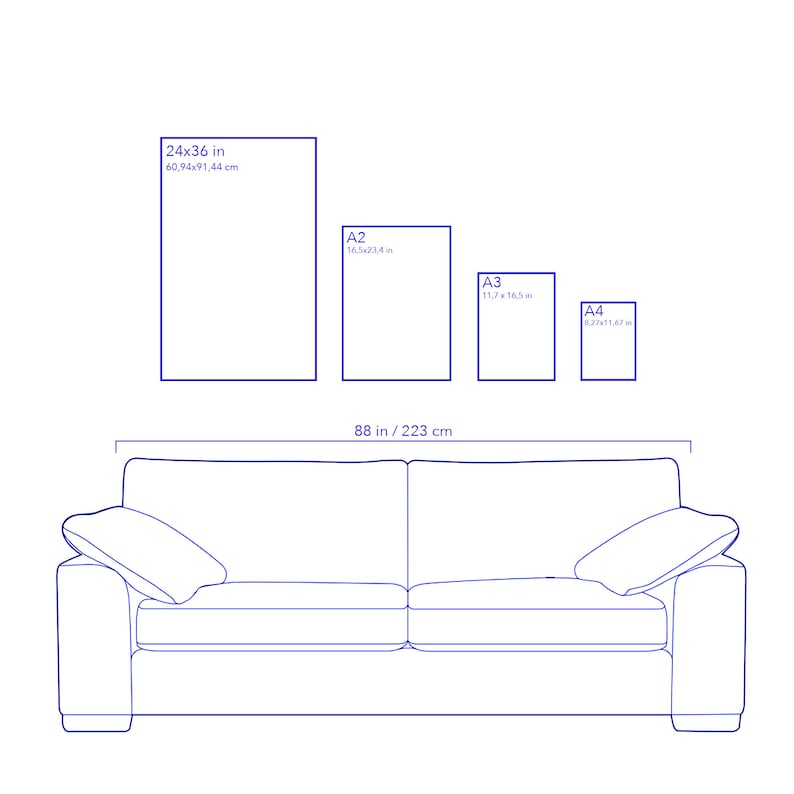 May include: A diagram showing the different sizes of paper, including 24x36 inches, A2, A3, and A4. The diagram also shows a couch with two pillows, measuring 88 inches in length.