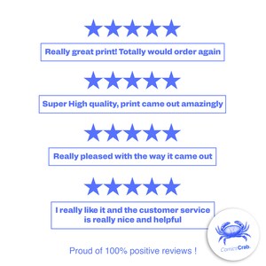 May include: Five-star reviews for a product with the text "Really great print! Totally would order again", "Super High quality, print came out amazingly", "Really pleased with the way it came out", and "I really like it and the customer service is really nice and helpful". The text "Proud of 100% positive reviews!" is also visible.