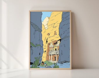 Tintin in Petra (A2, A3, A4 + 24x36"), High Quality Digital Download, 4k / 300ppp, JPG, Tintin Snowy and Haddock