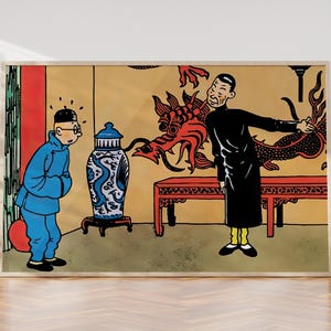 May include: A vintage comic book illustration of two men in a room with a red dragon and a blue and white vase. The man on the left is wearing a blue shirt and the man on the right is wearing a black shirt and yellow pants.