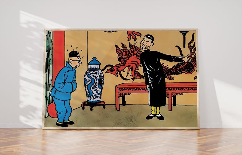May include: A vintage comic book illustration of two men in a room with a red dragon and a blue and white vase. The man on the left is wearing a blue shirt and the man on the right is wearing a black shirt and yellow pants.