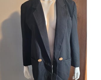 Harve Benard Wool Blazer Jacket M Petite Gold Button Longline Career Preppy