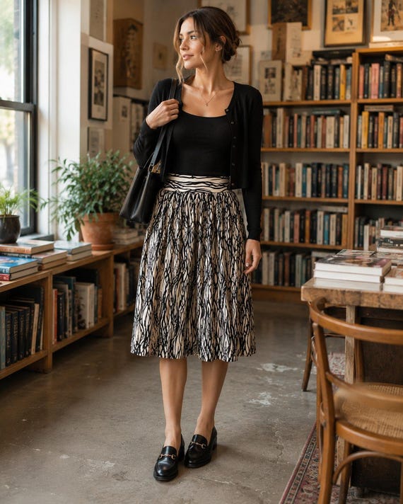 Vintage Raffaella Art Teacher Skirt S 90s Rayon Waves Modest Full Church