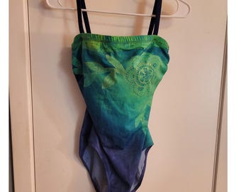 VNTG 90s Roxanne Modest retro badpak uit één stuk, maat 12 34D blauwgroen metallic