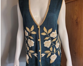 Vintage 90s Floral Sweater Vest Green Gold Metallic Boho Grandma Core Medium