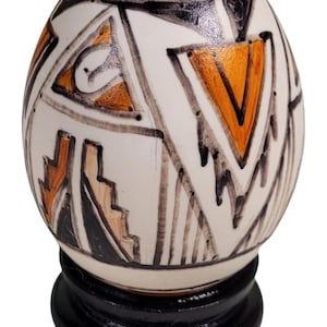 Acoma Pueblo Pottery Egg Southwestern Geometric Tribal Decor 3.5&quot; With Stand