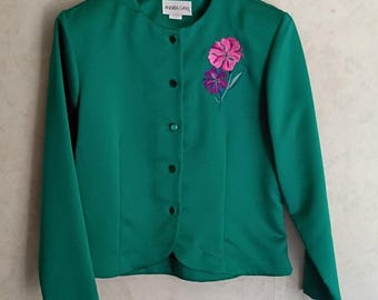 Vintage Andrea Gayle Green Satin Blouse Embroidered Floral Kitschy USA Teal Med