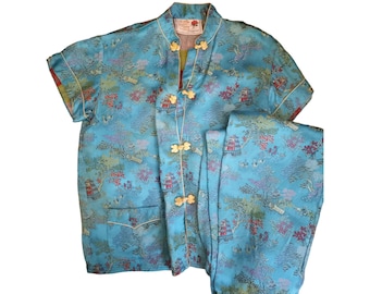 Vntg Peony Shanghai China Silk Jacquard Set van 2 x XS Oriental Lounge Quietlux