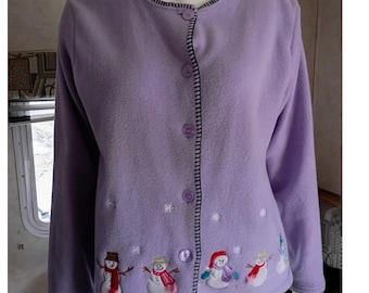 VNTG Cosycore sneeuwpop fleece vest lila paars geborduurd M retro vakantie