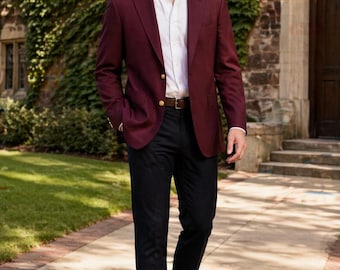 Vintage Burtons Mens Blazer 44S Burgundy Gold Button Preppy Classic Old Money