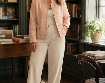 Vintage Linen Blend Tweed Blazer Pastel Peach Pink Officecore Quiet Luxury XL