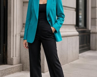 Blazer vintage color verde azulado, fabricado en EE. UU., estilo elegante y minimalista para el trabajo, talla M.