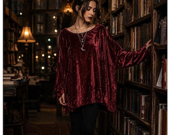 Vintage Red Crushed Velvet Tunic Top Small Oversized Witchy Romantic 90s Romance