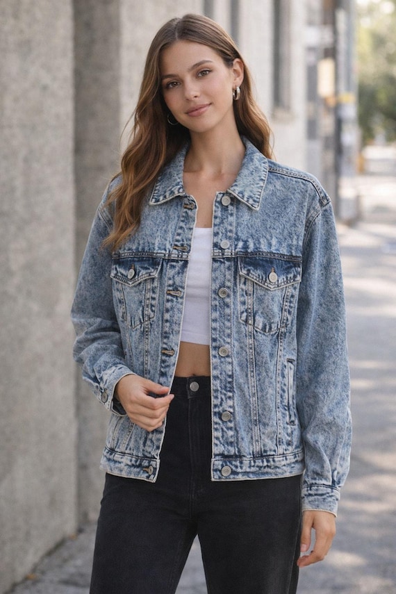 Vintage 80s 90s Acid Wash Denim Jacket Grunge Skater Highway Jeans