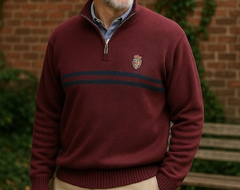 Vintage Chaps 1/4 Zip Sweater XL Burgundy Red Stripe Cotton Dadcore Preppy