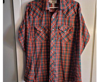 Koszula kowbojska Ruddock Plaid Pearl Snap z lat 70., duża, USA Western Rodeo