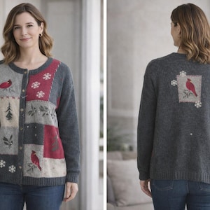 May include: A grey cardigan with a patchwork design featuring red cardinals, snowflakes, and evergreen trees. The sweater has a round neckline and button closure. The back of the sweater also features a cardinal design.