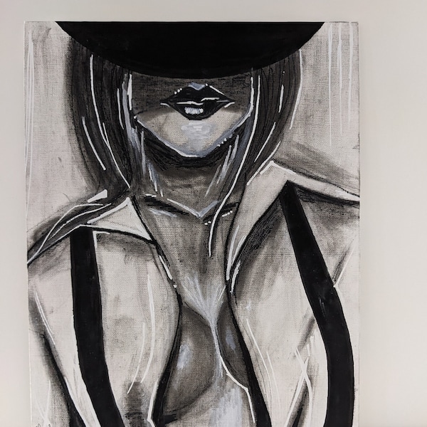 Schwarz Weiß Gemälde Frau mit Hut
