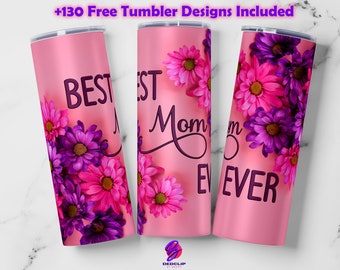 Può includere: Tre bicchieri rosa con un design floreale. I bicchieri hanno il testo "Best Mom Ever" su di loro.