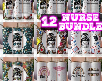 May include: A set of 12 sublimation tumblers featuring various designs related to the nursing profession. The designs include a nurse with a bun, a rainbow with the word "nurse", and a medical symbol. The tumblers are a mix of white, black, brown, pink, and blue.