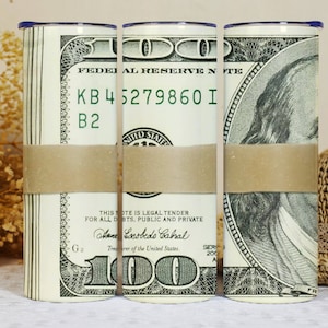 Money roll band tumbler wrap PNG, 20 oz skinny 100 dollar bill seamless tumbler sublimation design digital download, Straight tumbler.