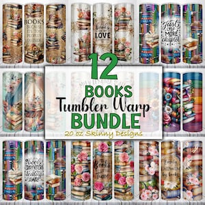 May include: A bundle of twelve 20 oz skinny tumblers with book-themed designs. The tumblers feature stacks of books, floral accents, and phrases like "Books are my love language" and "Just one more chapter."