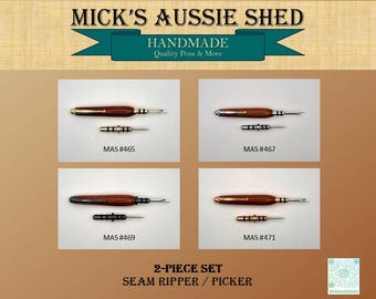 May include: A collection of four 2-piece seam ripper and picker sets from Mick's Aussie Shed. Each set features a polished wooden handle with metal hardware and a matching separate picker tool, labeled as MAS #465, MAS #467, MAS #469, and MAS #471.