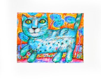 OOAK Blue Morning Cat Original Handcolored CAT Illustration Painting Cat Art Gift miliaart gallery | © MILIAARTgallery - All Rights Reserved