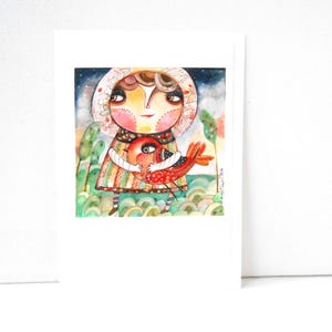 Original Hand-made Bird Art Postcard: 'Bella and The Bird' Gouache Illustration