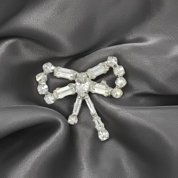 Tiny Rhinestone Vintage Bow Brooch - image 1