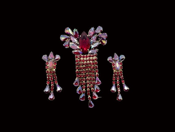 Massive Vintage Ruby Red Brooch and Earrings - image 2