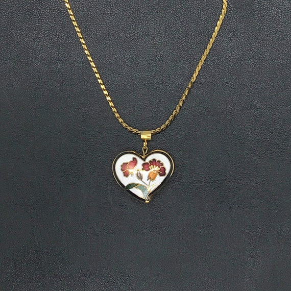 Avon Cloisonné Heart Vintage Floral Pendant and C… - image 1