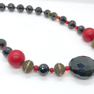 Vintage Statement Necklace with Red and Black and Faceted Beads